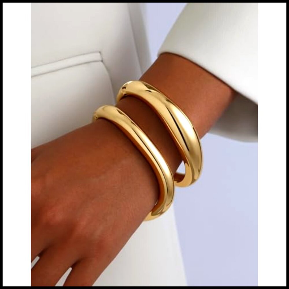 Gold Hinged Cuff Bangle Bracelets Stackable Chunk… - image 2